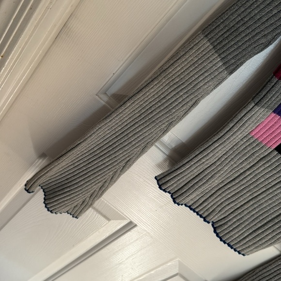 VTG SPIEGEL Gray Ribbed Sweater with Colorful Patchwork Bell Bottom Sleeves SZ L - Picture 3 of 4